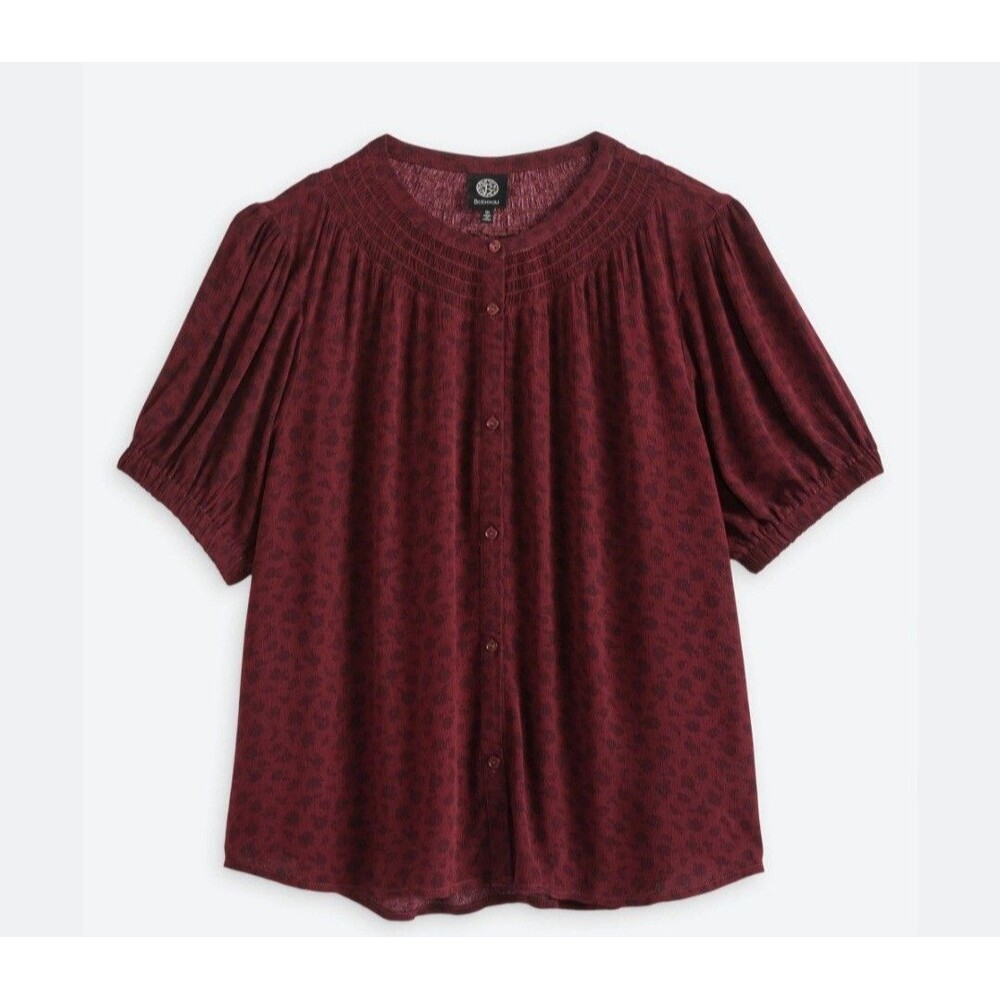 Bobeau Blouse Burgundy Animal Print Size 1X Button Front Short Sleeves NWOT
